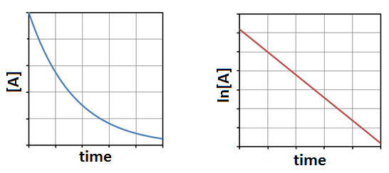 A graph is shown with the label “Time” on the x-axis and “[A]” on the y-axis. It has a curved line A second graph is shown with the label “Time” on the x-axis and “ln[A]” on the y-axis. This graph has a negatively sloped linear line with a non-zero y-intercept.