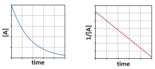 A graph is shown with the label “Time” on the x-axis and “[A]” on the y-axis. It has a curved line A second graph is shown with the label “Time” on the x-axis and “1/[A]” on the y-axis. This graph has a psitively sloped linear line with a non-zero y-intercept.