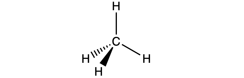 A Lewis structure of CH4, or methane, is shown. Four hydrogen atoms are all single bonded to a central carbon atom to form a tetrahedral structure.