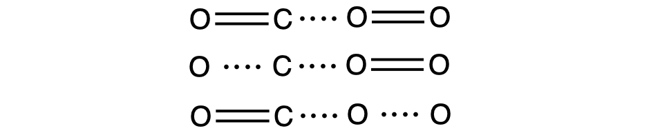 This figure shows three rows of structures. In the first row, an O atom on the left is connected to a C atom on its right with a double bond indicated by a pair of short parallel line segments. To the right of the C atom are three dots in a horizontal row followed by an O atom double bonded to another O atom on its right. In the second row, an O atom is followed by three dots in a horizontal row, which are followed by a C atom and a second grouping of three dots. To the right is an O atom double bonded to another O atom. In the third row, an O atom on the left is connected to a C atom on its right with a double bond indicated by a pair of short parallel line segments. To the right of the C atom are three dots in a horizontal row followed by an O atom followed by another grouping of three dots to another O atom on its right.