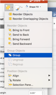 formatting dropdown showing how to group objects in Powerpoint