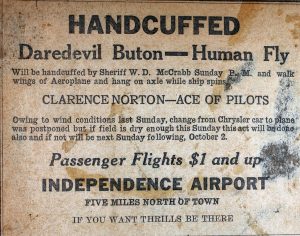 Flyer reads "HANDCUFFED - Daredevil Buton Human Fly"