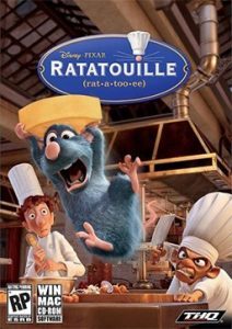 Ratatouille Movie Cover rat holding cheese in the air and running while two chefs look on, one worried and sympathetic and the other murderous