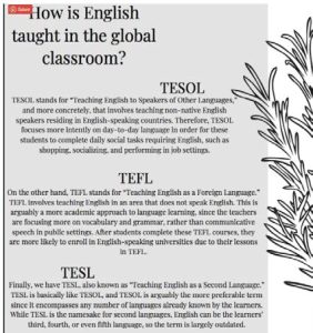 Photo of a Pinterest pin that uses text to briefly explain the differences among TESOL, TEFL, and TESL approaches to teaching English in the global classroom. There is a decorative outline of a branch to the right of the text.