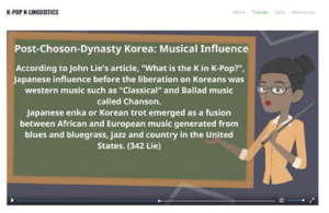 Image shows an animation of a black female teacher wearing glasses and a yellow shirt and standing at a chalkboard. On the chalkboard, there is text explaining the musical influences on Post-Choson-Dynasty Korea