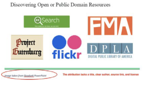 An example of an inappropriate attribution that lacks title, clear author, source link, and license. The citation reads "Image taken from Goodsett PowerPoint" with no links.