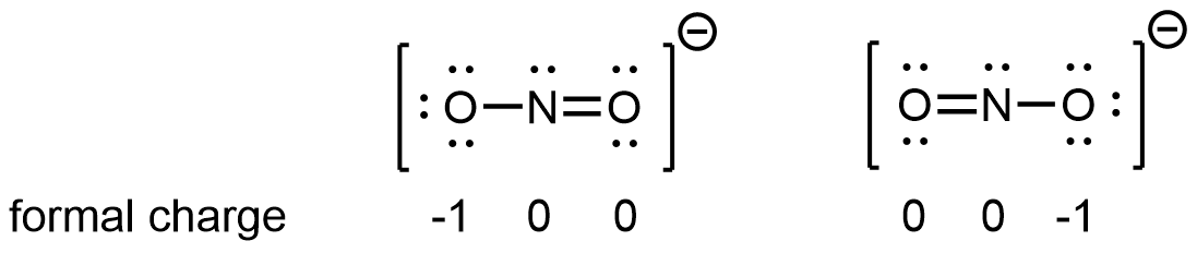 Two Lewis structures are shown. The left structure shows an oxygen atom with three lone pairs of electrons single bonded to a nitrogen atom with one lone pair of electrons that is double bonded to an oxygen with two lone pairs of electrons. Brackets surround this structure, and there is a superscripted negative sign. The right structure shows an oxygen atom with two lone pairs of electrons double bonded to a nitrogen atom with one lone pair of electrons that is single bonded to an oxygen atom with three lone pairs of electrons. Brackets surround this structure, and there is a superscripted negative sign.