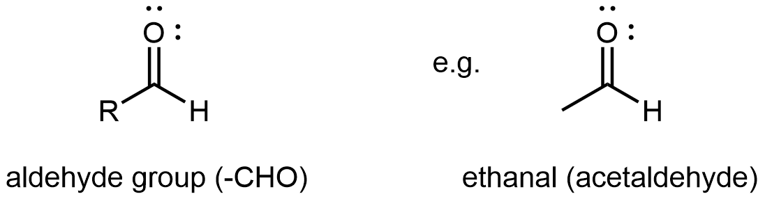 Two structures are shown. The first is a C atom with an R group bonded to the left and an H atom to the right. An O atom is double bonded above the C atom. This structure is labeled, “aldehyde group (-CHO)”. The second is labeled “ethanal (acetaldehyde)”. This structure has a C atom to which 3 H atoms are bonded. To the right of this C atom, a C atom is attached which has an O atom double bonded above and an H atom bonded to the right. The O atom as two sets of electron dots.