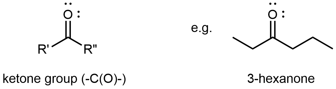 Two structures are shown. The first structure shows a C atom with R groups bonded to the left and right. An O atom is double bonded above the C atom. This structure is labeled, “ketone group (-C(O)-)”. The second structure is labeled, “3-hexanone”. This structure has a six carbon alkyl chain. On the third C atom, an O atom is double bonded. The O atom has two sets of electron dots.