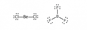 Two Lewis structures are shown. The left shows a beryllium atom single bonded to two chlorine atoms, each with three lone pairs of electrons. The right shows a boron atom single bonded to three fluorine atoms, each with three lone pairs of electrons.