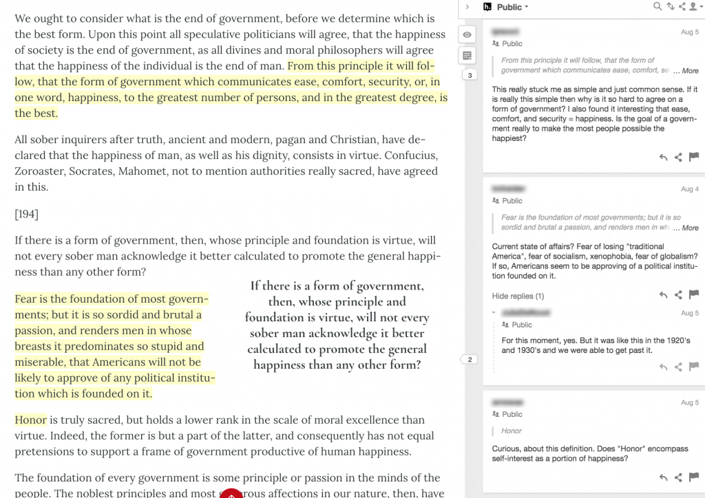 Yellow highlights and active student comments bar in a political science Pressbooks textbook.