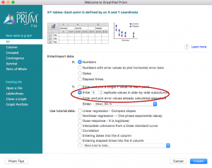 Image of Prism opening window, with the option "Enter 3 replicate values in side-by-side sub columns" circled