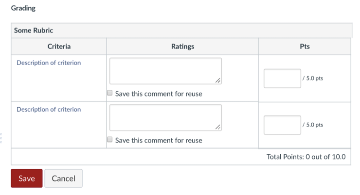 In the 'freeform comments' option rubric, the "Ratings" column displays an editable textbox for you to customize for each student.