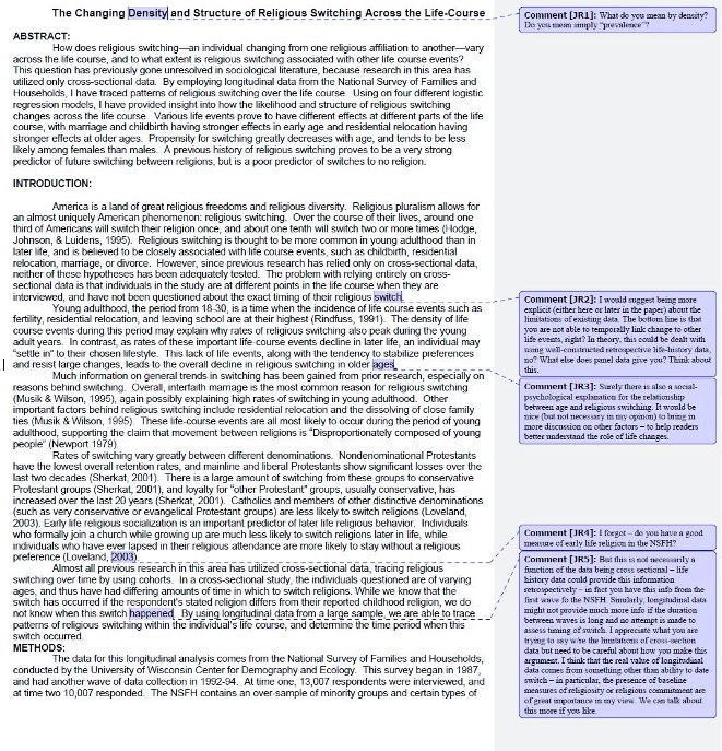 Word Doc with several comments running along the right margin. Each comment highlights a specific idea or section of the students paper and either offers praise or suggestions for the writer's continued improvement.