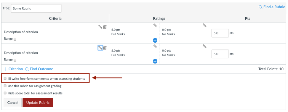 rubric interface (grids with the ability to type in criteria descriptions and customize points. Checkbox below include "I'll write free-form comments when assessing students"