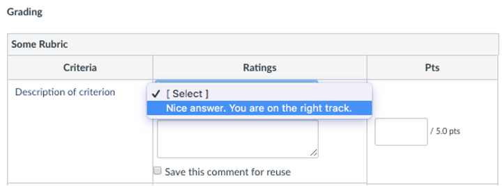 In this screenshot, the instructor has saved a comment for reuse and are clicking on a dropdown to select it. The sample saved comment says "Nice answer. You are on the right track."
