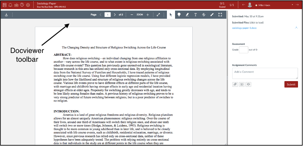 student paper in canvas speedgrader with docviewer toolbar arrow - a preview of a word document with the option to comment at the right and a zoom/annotate toolbar on top