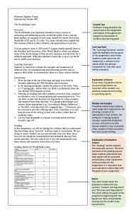 Text and annotations for an assignment called The World Bank Letter. Annotations point out how the assignment features the following elements for students' benefit: a clear central task; specific learning goals; models for how to write in this particular rhetorical context; explanation of evaluation criteria; grading rubric; clear alignment among learning goals, evaluation criteria, and rubric.