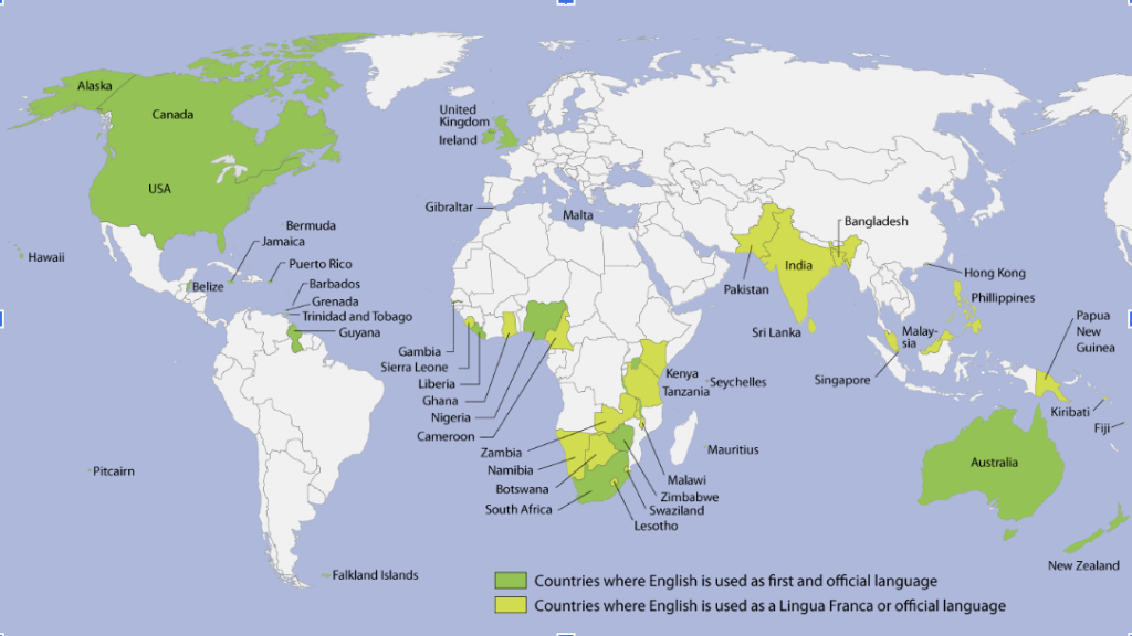 Map of countries where English is used as first and official language and of countries where English is used as a Lingua Franca or official language
