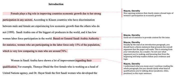 Word Doc with few, but longer, marginal comments than the previous example. The first comments reads, "Nice opening sentence that clearly states the broad topic of women's participation in economic growth."