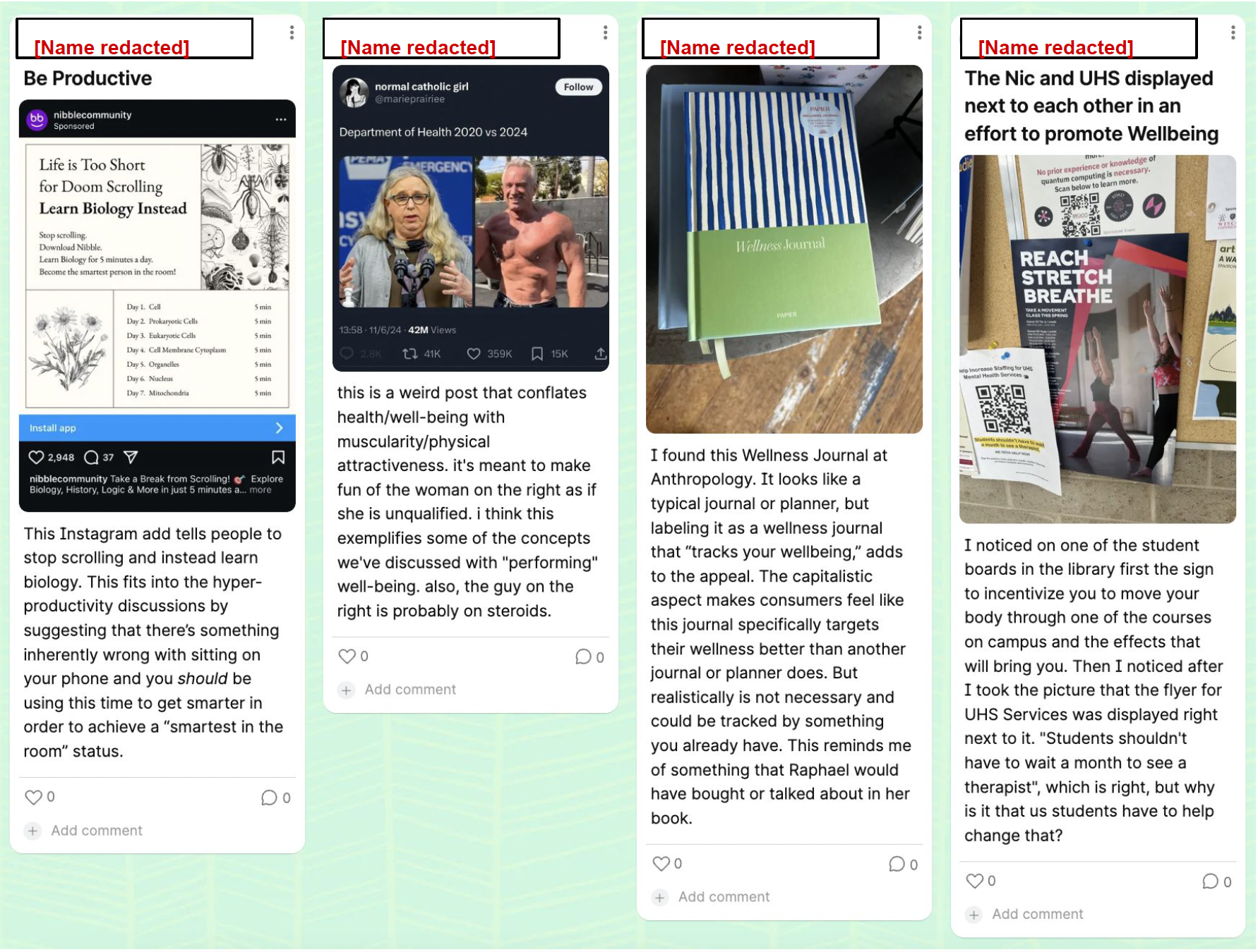 Screenshot of one row of Professor Letak's Semester-Long Padlet board. There are four posts from students that include images and text.