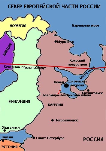 Solovky on a map of the European part of Russia