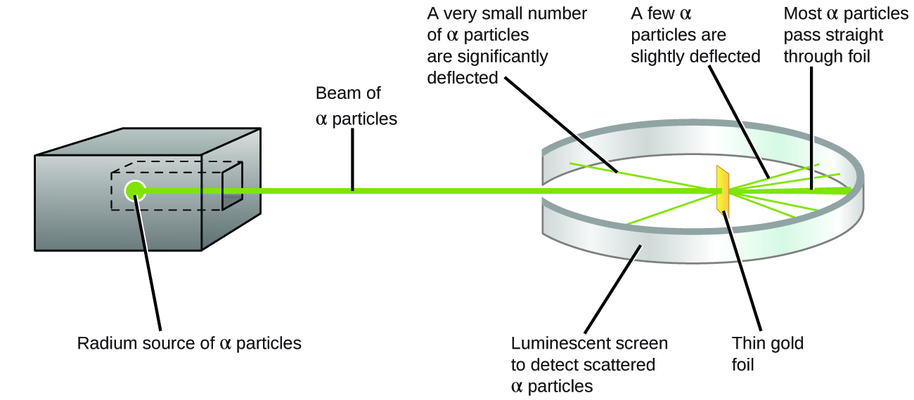 This figure shows a box on the left that contains a radium source of alpha particles which generates a beam of alpha particles. The beam travels through an opening within a ring-shaped luminescent screen which is used to detect scattered alpha particles. A piece of thin gold foil is at the center of the ring formed by the screen. When the beam encounters the gold foil, most of the alpha particles pass straight through it and hit the luminescent screen directly behind the foil. Some of the alpha particles are slightly deflected by the foil and hit the luminescent screen off to the side of the foil. Some alpha particles are significantly deflected and bounce back to hit the front of the screen.