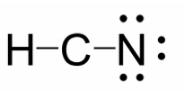 Rough lewis structure for H C N. Carbon is singly bonded to hydrogen on the left and singly bonded to nitrogen on the right. The nitrogen has 3 lone pairs for a total of 8 electrons.