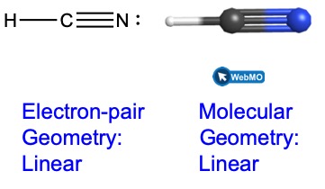 Two representations of H C N are shown. In the Lewis structure on the left, the carbon atom is in the middle. There is a single bond to a hydrogen atom at the left and a triple bond to a nitrogen atom on the right. The nitrogen atom has 1 lone pair. The label beneath the structure reads “electron-pair geometry: linear”. The structure on the right is a ball and stick model that is a screenshot of the geometry as seen on Web M O. There is a black sphere in the middle for the carbon atom. Then there is a white sphere to the left for the hydrogen atom and a blue sphere to the right for the nitrogen atom. The label beneath the structure reads “molecular geometry: linear”. 