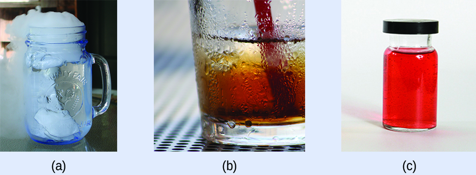 This figure has three photos labeled, “a,” “b,” and “c.” Photo a shows a glass with a solid in water. There is steam or smoke coming from the top of the glass. Photo b shows the bottom half of a glass with water sticking to its outside surface. Photo c shows a sealed container that holds a red liquid.