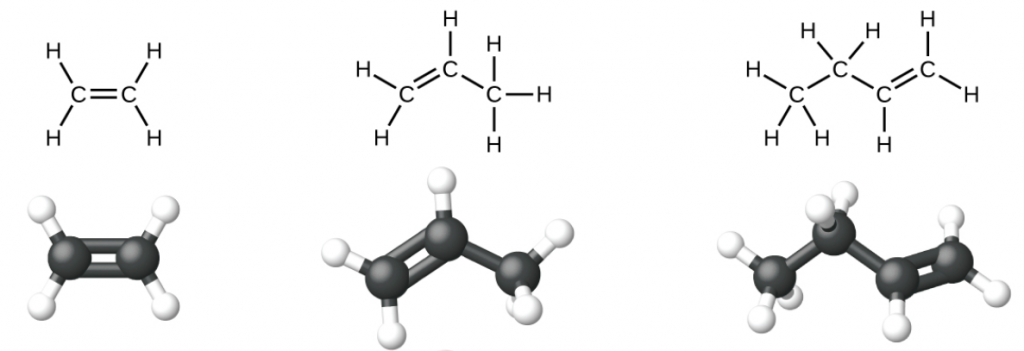 Lewis structural formulas show carbon and hydrogen element symbols and bonds between the atoms. The first structure in this row shows two bonded C atoms with a double bond between them. Each C atom has two H atoms bonded to it as well. The second structure in the row shows three bonded C atoms with a double bond up and to the right between the first and second C atoms moving left to right across the chain, and a single bond down and to the right between the second and third C atom. The first C atom has two H atoms bonded to it, the second C atom has one H atom bonded to it, and the third C atom has three H atoms bonded to it. The third structure shows four bonded C atoms with one bonded up and to the right to a C atom, down and to the right to a C atom, and double bonded up and to the right to a C atom. The first C atom, moving from left to right, has three H atoms bonded to it. The second C atom has two H atoms bonded to it. The third C atom has one H atom bonded to it, and the fourth C atom has two H atoms bonded to it. In the second row, ball-and-stick models for the structures are shown. In these representations, single bonds are represented with sticks, double bonds are represented with two parallel sticks, and elements are represented with balls. Carbon atoms are black and hydrogen atoms are white in this image. In the third row, space-filling models are shown. In these models, atoms are enlarged and pushed together, without sticks to represent bonds. In the final row, names are provided. The molecule with the double bond between two C atoms is named ethene. The molecule with the double bond between the first and second C atoms in the chain of three is named propene. The molecule with the double bond between the carbon atoms in the chain of four is named 1 dash butene.