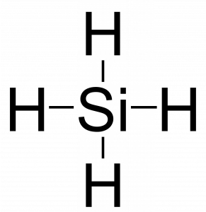 Lewis structure for SiH4. Silicon is in the center, and is singly bonded to four hydrogen atoms.