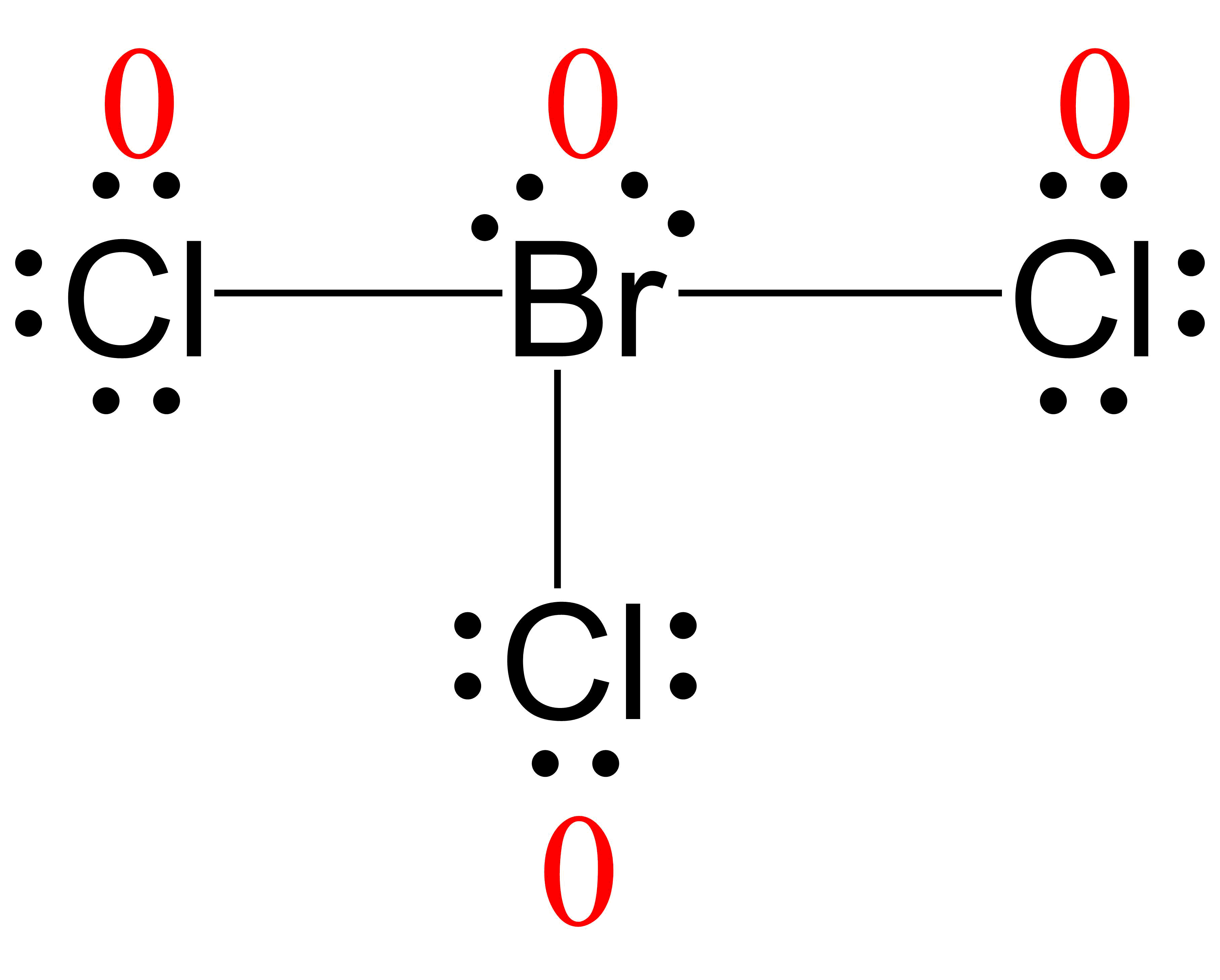 Lewis structure for BrCl3 with the formal charge of each atom written next to them in red. The formal charge of every atom is zero.
