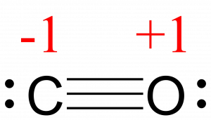 Lewis structure for CO. Carbon is triple bonded to the oxygen atom. Each atom has a lone pair. This gives the carbon atom a formal charge of minus 1, and the oxygen a formal charge of plus 1.