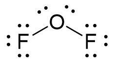 Final lewis structure for O F 2. Oxygen is bonded to each fluorine atom once. The oxygen atom has two lone pairs and the fluorine atoms each have 3 lone pairs. All atoms have an octet.