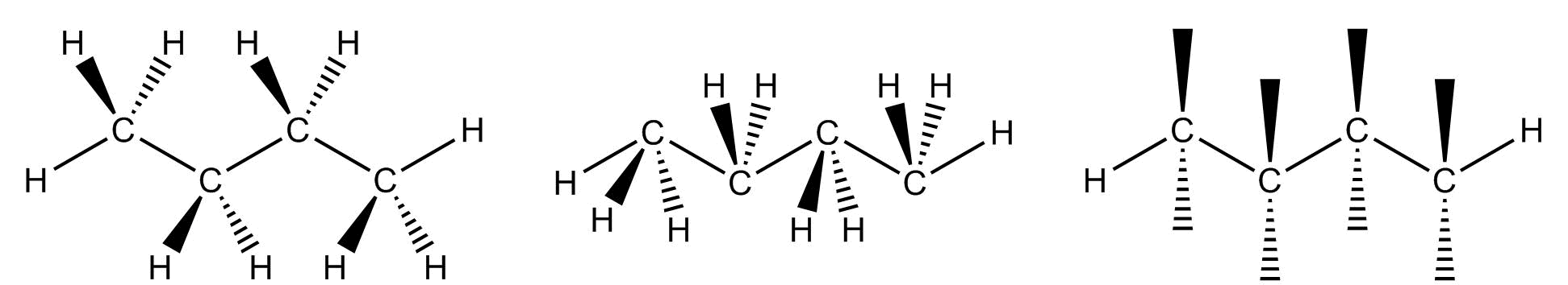 Three dash-wedge structures of butane. The first is correctly drawn but the second and third are not as they do not represent the correct 109.5 degree angles found in the molecule.