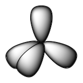 The orbitals of a tetrahedral are shown. There is one lobe pointing straight up with three lobes pointing slightly down, much like the legs of a tripod.
