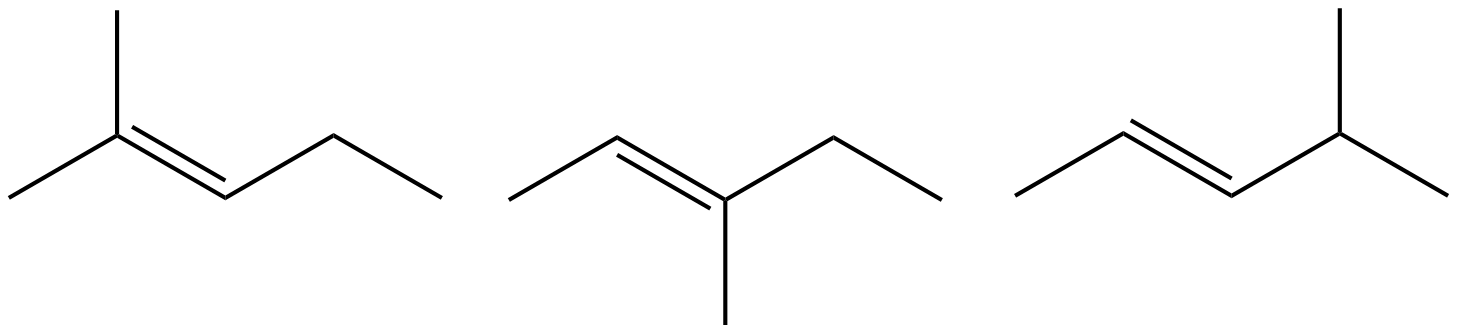 Three isomers of C6H12 containing a 2-pentene moiety. First isomer is 2-methyl-2-pentene, second isomer is 3-methyl-2-pentene, third isomer is 4-methyl-2-pentene.