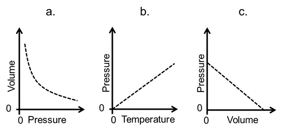 Graph "a" is plotted as volume vs. pressure, and the curve is decreasing non-linearly. Graph "b" is plotted as pressure vs. temperature, and the curve is increasing linearly. Graph "c" is plotted as pressure vs. volume, and the curve is decreasing linearly.