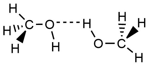 Two methanol molecules, showing a CH3-(H)O···H-O-CH3 hydrogen-bond.