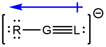 A Lewis structure of fictional RGL anion, with a dipole moment arrow shown. The dipole moment has the positive end at L and pointing at R.