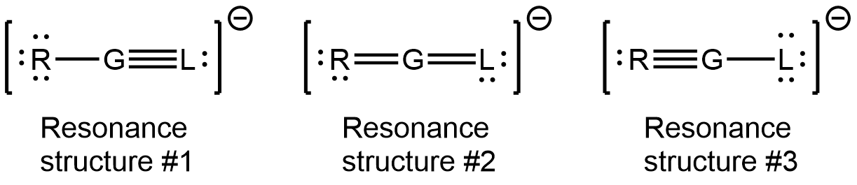 Three resonance structures of RGL anion are shown. 1- There's a single bond between R and G and a triple bond between G and L. R has three lone pairs and L has one lone pair. 2- There's a double bond between R and G and a double bond between G and L. R has two lone pairs and L has two lone pairs. 3- There's a triple bond between R and G and a single bond between G and L. R has one lone pair and L has three lone pairs.