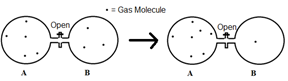 Two bulb vessels, A and B, are connected by an open valve. On the left side (before), there are 5 gas molecules in A and 3 in B. On the right-side (after), there are 7 gas molecules in A and 1 in B.