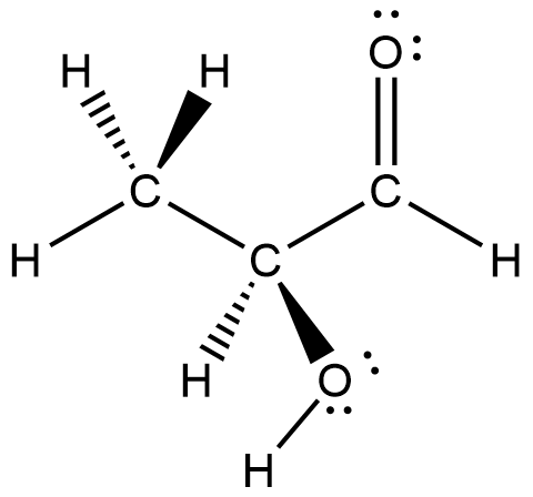Molecule of lactaldehyde is shown. H3CCH(OH)COH. First carbon is a methyl group, second carbon is bonded to a H and an OH group, third carbon is an aldehyde.