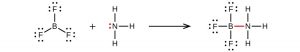 A reaction is shown with three Lewis diagrams. The left diagram shows a boron atom single bonded to three fluorine atoms, each with three lone pairs of electrons. There is a plus sign. The next structure shows a nitrogen atom with one lone pair of electrons single bonded to three hydrogen atoms. A right-facing arrow leads to the final Lewis structure that shows a boron atom single bonded to a nitrogen atom and single bonded to three fluorine atoms, each with three lone pairs of electrons. The nitrogen atom is also single bonded to three hydrogen atoms. The lone pair on the nitrogen atom and the bond between the boron atom and the nitrogen atom is colored red.