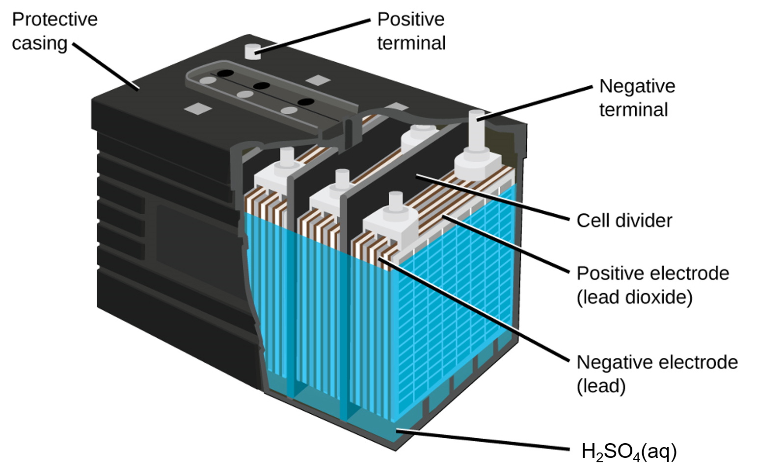 A diagram of a lead acid battery is shown. A black outer casing, which is labeled “Protective casing” is in the form of a rectangular prism. Grey cylindrical projections extend upward from the upper surface of the battery in the back left and back right corners. At the back right corner, the projection is labeled “Positive terminal.” At the back right corner, the projection is labeled “Negative terminal.” The bottom layer of the battery diagram is a dark green color, which is labeled “H subscript 2 S O subscript 4.” A blue outer covering extends upward from this region near the top of the battery. Inside, alternating grey and white vertical “sheets” are packed together in repeating units within the battery. The battery has the sides cut away to show three of these repeating units which are separated by black vertical dividers, which are labeled as “cell dividers.” The grey layers in the repeating units are labeled “Negative electrode (lead).” The white layers are labeled “Postive electrode (lead dioxide).”