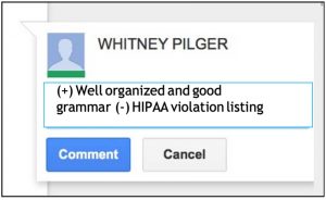 example comment by commenter Whitney Pilger: "(+) well organized and good grammar (-) HIPAA violation listing her age as 93"
