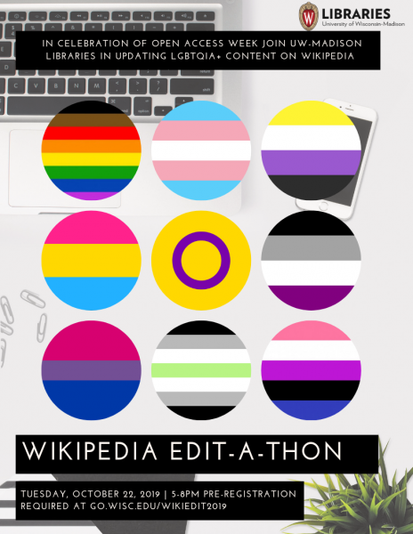 Edit-a-thon poster for 2019 features a number of LGBTQIA+ flag colors