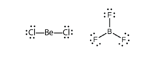 Two Lewis structures are shown. The left shows a beryllium atom single bonded to two chlorine atoms, each with three lone pairs of electrons. The right shows a boron atom single bonded to three fluorine atoms, each with three lone pairs of electrons.