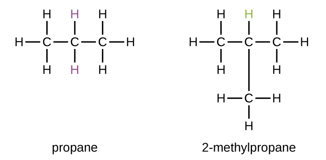 In this figure, propane is shown as a chain of three bonded C atoms. Eight H atoms are shown with three bonded to the first C atom, two to the middle C atom, and three to the third C atom. The H atoms bonded to the middle C atom are purple. 2 dash methylpropane is also shown, which similarly has a chain of three bonded C atoms. In this structure, A C atom is bonded beneath the middle C atom of the chain. Ten H atoms are shown with three bonded to the first C atom, one to the middle C atom, three to the third C atom, and three to the C atom also bonded to the middle C atom. The H atom bonded to the middle C atom is green.